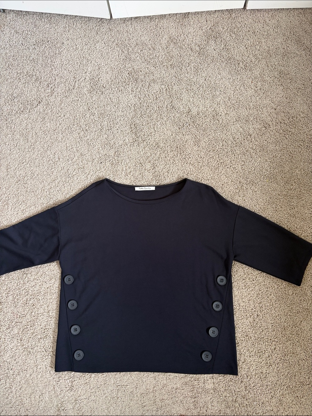 Betty Barclay Navy Blue Boat Neck Boxy Top 3/4 Sleeve Buttons Size 8 M Nautical